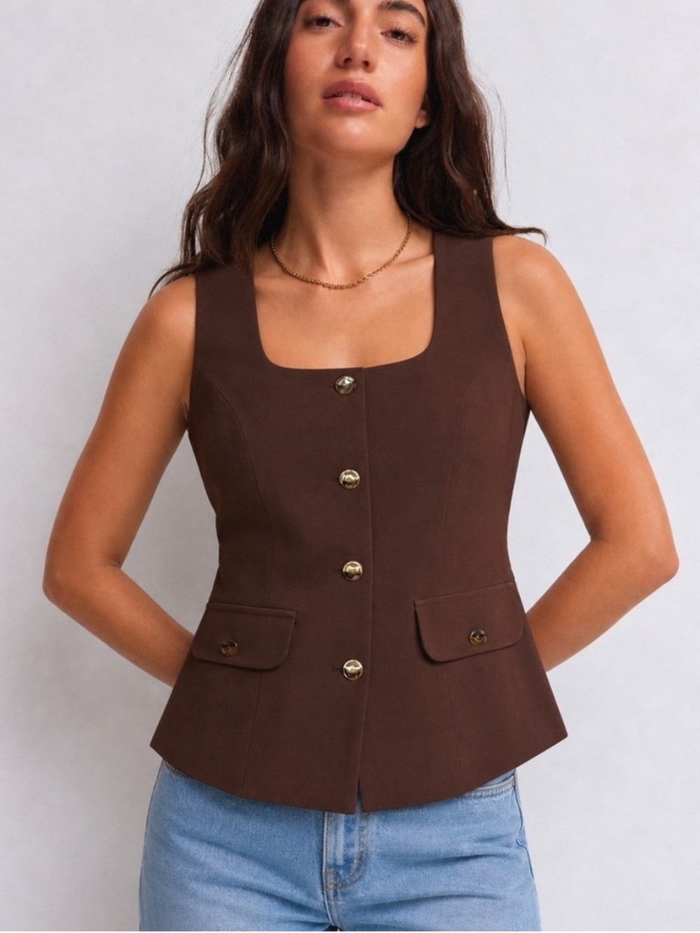 Sincerely Jules Brown Button Down Vest Gold Buttons Sz L
